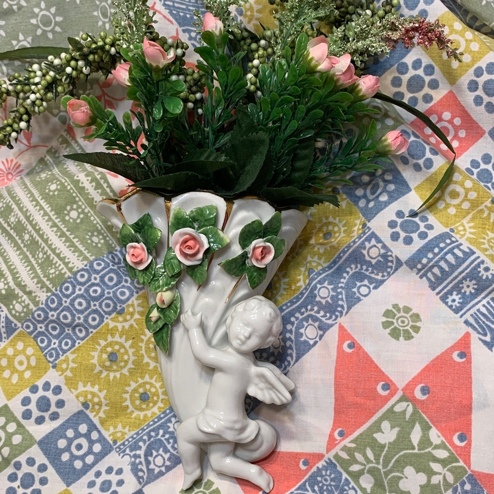 Vintage Dresden Porcelain Floral Cherub Wall Sconce Set - White and Pink - Picture 11 of 16